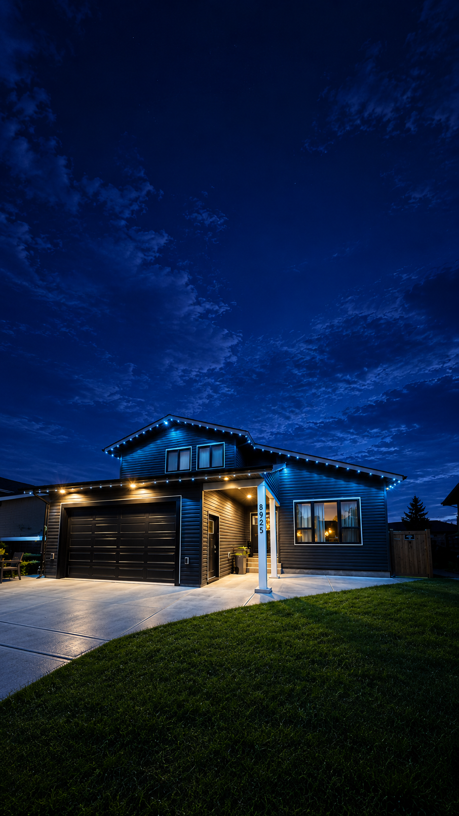 Home in Grande Prairie at night with permanent lights along the roofline