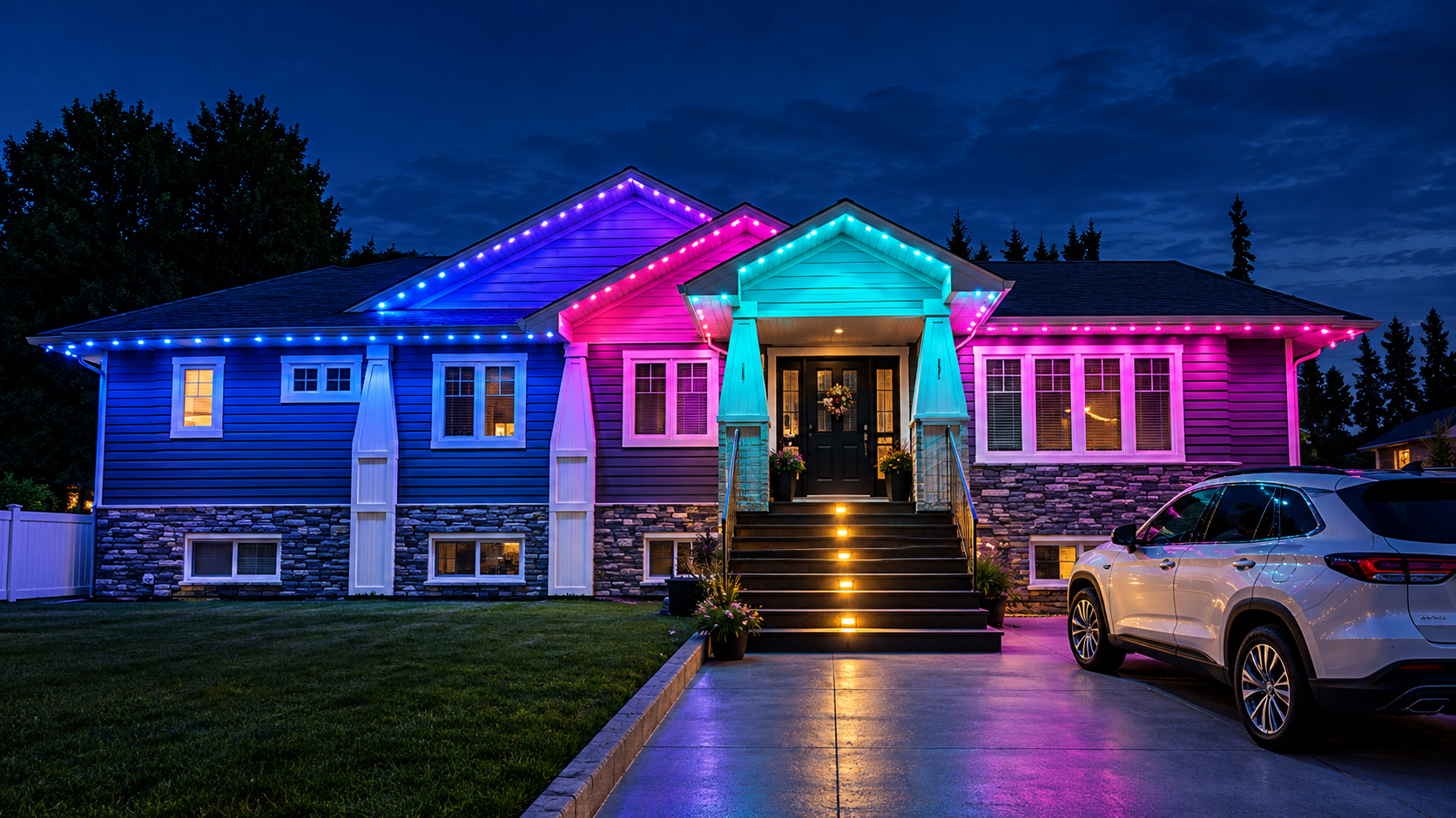 Bungalow with permanent roofline lights in blue, pink and teal