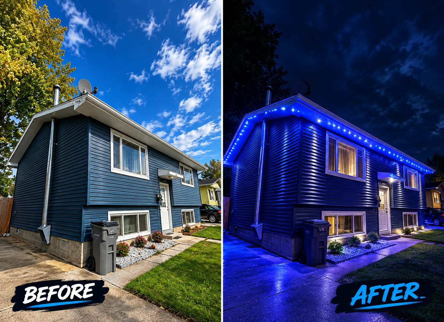 Same house by day and at night with blue permanent lights
