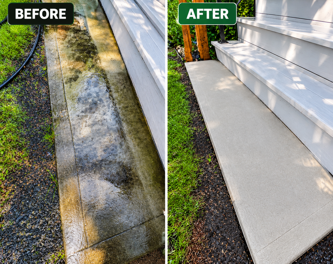 Patio walkway before and after pressure washing